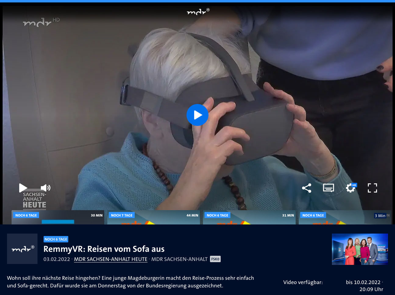 Sceenshot aus Beitrag vom MDR über RemmyVR (VR Brille für Senioren)